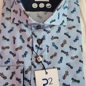 R2 Light Blue Men's Button-Down Shirt with Motorcycle Print